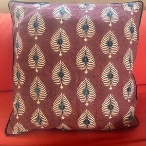 OKA Ocellus Red Garnet Linen Pillow Cover Peacock Feather Motif Hand Embroidery